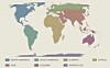 Verdenskart i Equal Earth-projeksjon med verdensdelene fargelagt og navngitt i en tegnforklaring.