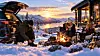To personer ved et bål i snøen, med åpen bil, hytte og fjell i bakgrunnen.