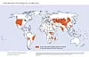 De oransje områdene viser hvor pestbakterien kan forekomme naturlig blant dyr og lopper. Kartet er basert på historiske opplysninger og tilgjengelige data frem til mars 2016.