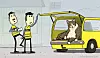 To menn ved gul varebil med åpent bagasjerom, der en katt sitter.