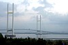 Lang hengebro over vann under skyet himmel, med busker i forgrunnen.