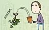 Illustrasjon av person med oransje krukke ved bonsai og teksten «BANZAI!!».