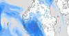 Værkart med blå nedbørsområder over Norge, Sverige og havet vest for Skandinavia.