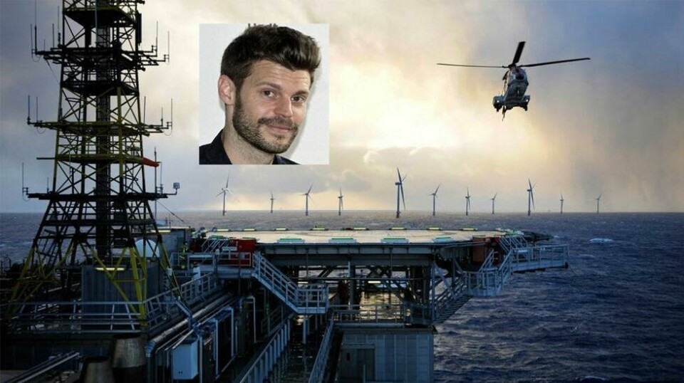 FLYTENDE RØDT: Bjørnar Moxnes (innfelt) vil bruke litt av Oljefondet til å sikre utvikling av norsk industri for leveranser til Equinors flytende havvind-prosjekt Hywind Tampen (illustrert på bildet) og andre flytende kraftprosjekter til havs.