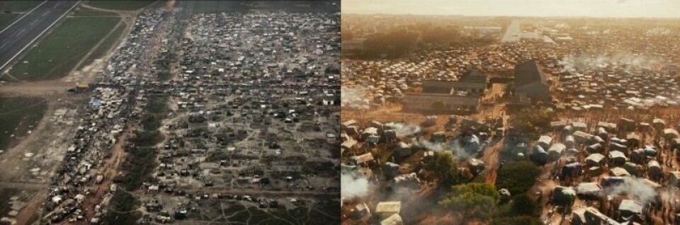 Mer enn 100 000 mennesker søkte tilflukt på Mpoko internasjonale flyplass i Bangui under borgerkrigen i 2013 (bildet til venstre). Den enorme flyktningleiren er gjenskapt i filmen (bildet til høyre). – Det rent fysiske ved leiren var helt absurd, sier Lindis Hurum til Panorama. Mer enn 100 000 mennesker søkte tilflukt på Mpoko internasjonale flyplass i Bangui under borgerkrigen i 2013 (bildet til venstre). Den enorme flyktningleiren er gjenskapt i filmen (bildet til høyre). – Det rent fysiske ved leiren var helt absurd, sier Lindis Hurum til Panorama. Foto: Leger uten grenser og Fantefilm