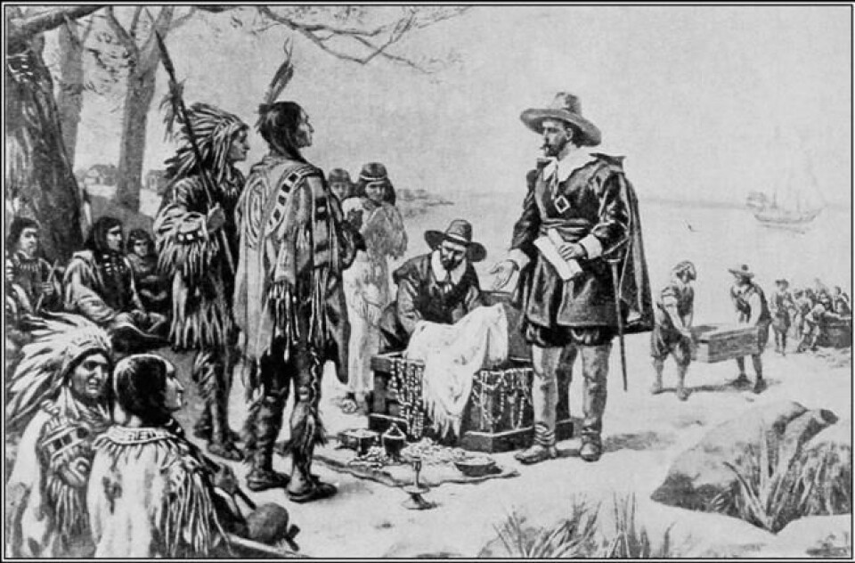Nederlenderen Peter Minuit kjøper Manhattan for 24 dollar. Tegning fra 1909. Nederlenderen Peter Minuit kjøper Manhattan for 24 dollar. Tegning fra 1909.
