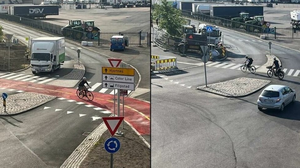 Syklistene langs E18 på Frognerstranda har den siste uken hatt forkjørsrett ved rundkjøringen ved Color Lines brygge på Filipstad.