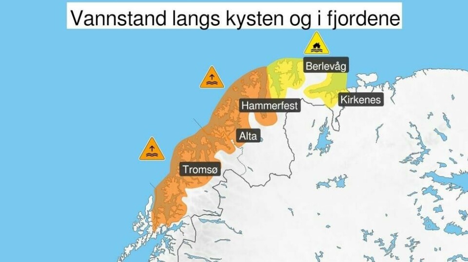 Meteorologisk institutt har sendt ut farevarsel om svært høy vannstand og kraftige vindkast i Troms og Finnmark.