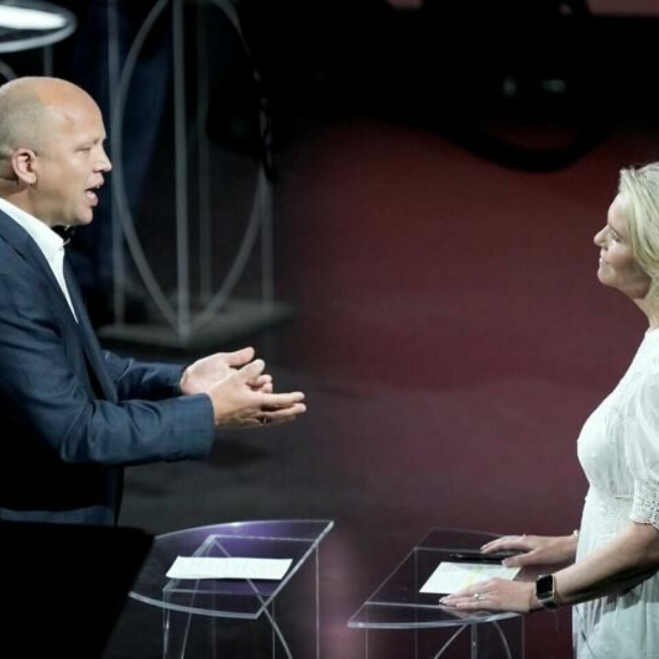 Senterpartiet havner under sperregrensa i Sentios partimåling for desember, mens Frp gjør sin beste måling siden 2009. Her er partilederne Trygve Slagsvold Vedum og Sylvi Listhaug i debatt under Arendalsuka i 2023.