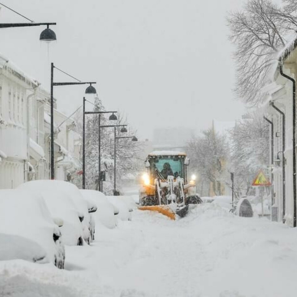 Mye snø har kommet på Sørlandet første nyttårsdag. Her fra Kvadraturen i sentrum av Kristiansand. Foto: Tor Erik Schrøder / NTB