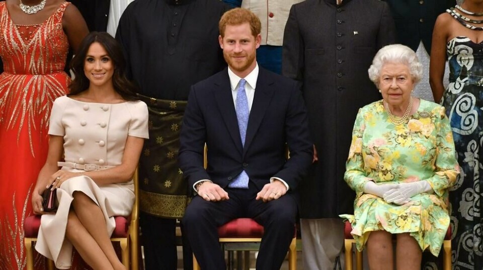 Dronning Elizabeth II, Prins Harry og Hertuginne Meghan, her avbildet i 2018.
