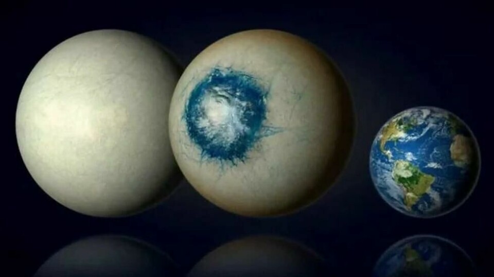 LHS 1140 b kan være en isplanet som Jupiters måne Europa, eller den kan ha et smeltet hav på midten. (Illustrasjon: Benoit Gougeon, Universitetet i Montréal).