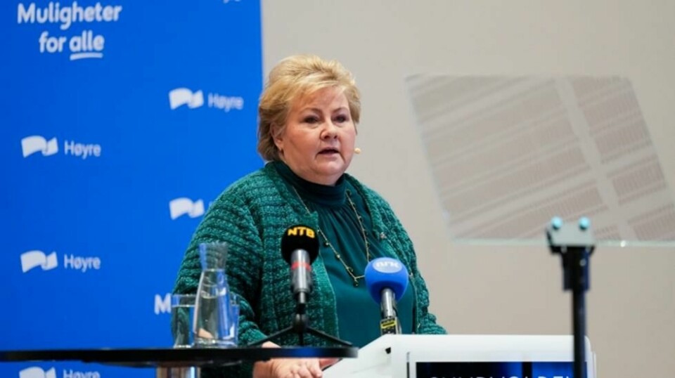 Erna Solberg (H) taler under Høyres Felleskonferanse 2025 på Sundvollen hotell.