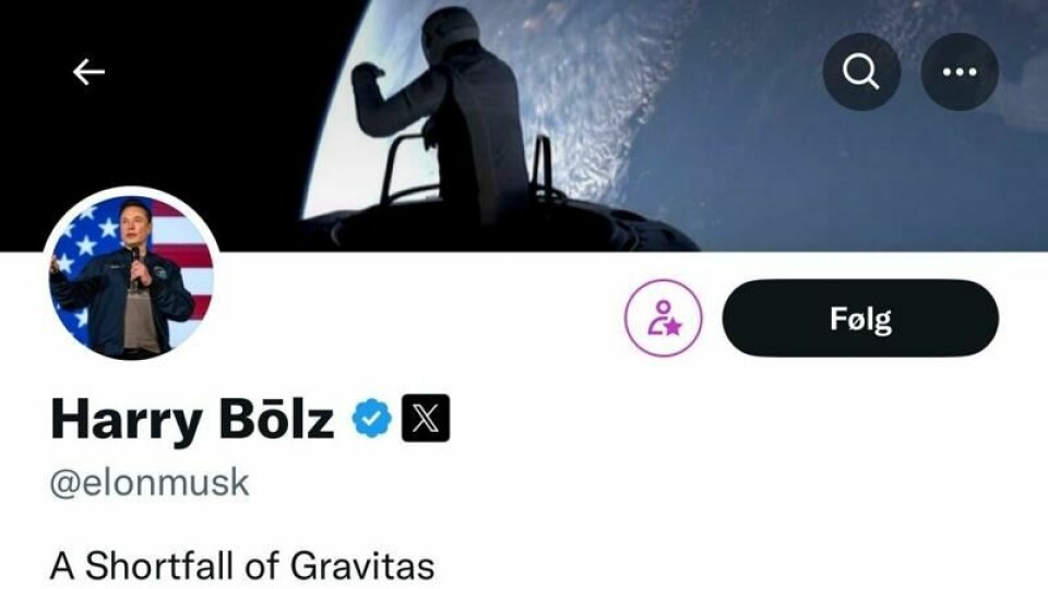 Elon Musk har skiftet navn på X, tidligere Twitter, til Harry Bōlz. Faksimile.