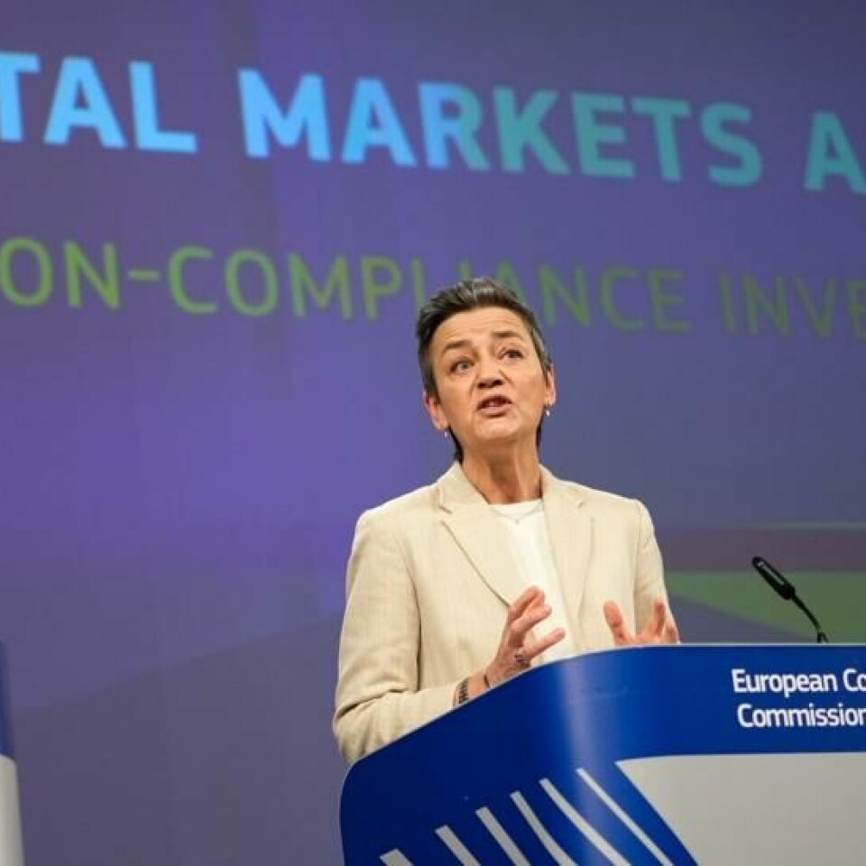 EU-kommissær Margrethe Vestager fotografert under en pressekonferanse om Digital Markets Act (DMA) i mars. Foto: Virginia Mayo / AP / NTB