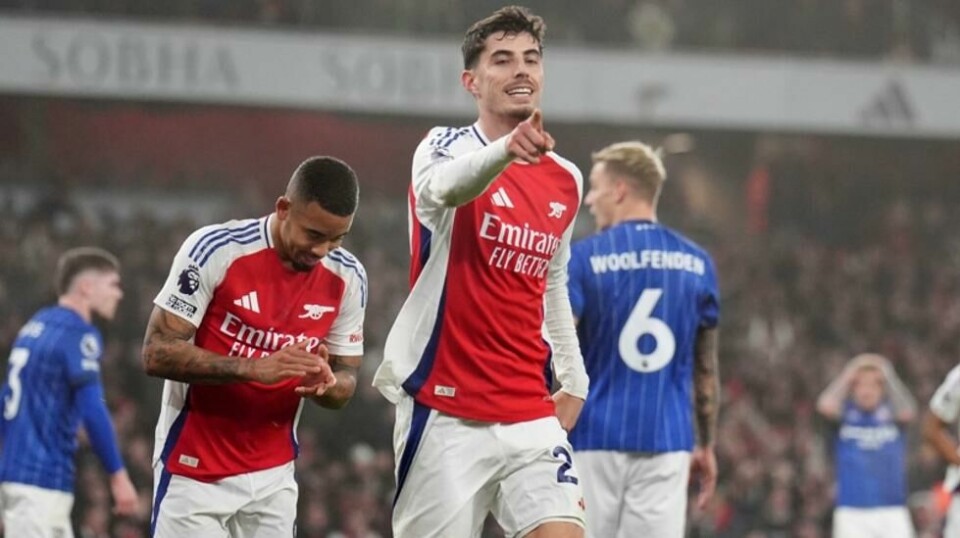 Kai Havertz jubler etter å ha gitt Arsenal ledelsen mot Ipswich.