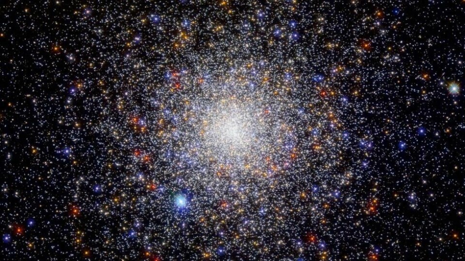 Dette er den svært tette kulehopen NGC 1851. Den er rundt 40.000 lysår fra jorden, og består av svært mange, tettpakkede stjerner. Her inne finnes en kanskje unik dobbeltstjerne. (Foto: NASA/Hubble-teleskopet)