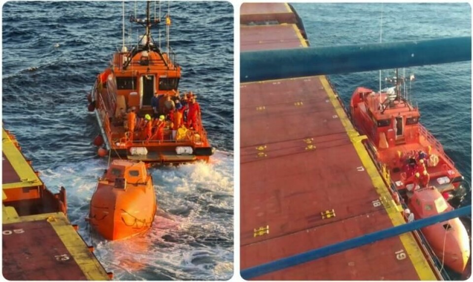 Bilder tatt i forbindelse med redningsoperasjonen i Middelhavet, publisert av rederiet Oslo Bulk. Rederiet avviser påstander fra russiske medier og myndigheter om at skipet Oslo Carrier 3 ikke bisto mannskapet på det russiske lasteskipet som sank.