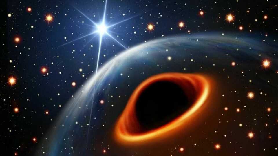 Slik ser en kunstner for seg at dette dobbeltstjerne-systemet kan se ut. Her har de avbildet det som en pulsar (Blått lyspunkt) og et sort hull, men det er høyst usikkert. (Illustrasjon: Daniëlle Futselaar (artsource.nl)) Slik ser en kunstner for seg at dette dobbeltstjerne-systemet kan se ut. Her har de avbildet det som en pulsar (Blått lyspunkt) og et sort hull, men det er høyst usikkert. (Illustrasjon: Daniëlle Futselaar (artsource.nl))