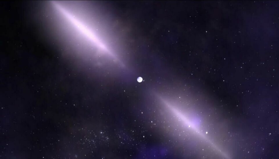 Slik ser en kunstner for seg en pulsar som sender ut radiosignaler fra polene. Disse strømmene med radiosignaler kan treffe jorden, og vi kan registerer det som ekstremt reglemessige radiosignaler. (Illustrasjon: NASA) Slik ser en kunstner for seg en pulsar som sender ut radiosignaler fra polene. Disse strømmene med radiosignaler kan treffe jorden, og vi kan registerer det som ekstremt reglemessige radiosignaler. (Illustrasjon: NASA)