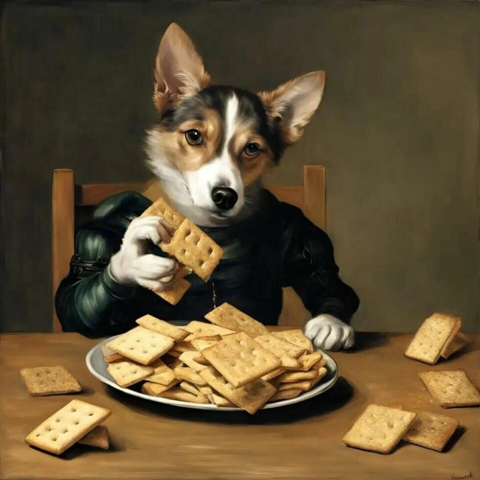 Her ser du resultatet av prompten med ordene «Michelangelo», «dog», «cat», «eating», «crackers» i programmet Canva. (Foto: Ida Eriksen via Canva) Her ser du resultatet av prompten med ordene «Michelangelo», «dog», «cat», «eating», «crackers» i programmet Canva. (Foto: Ida Eriksen via Canva)
