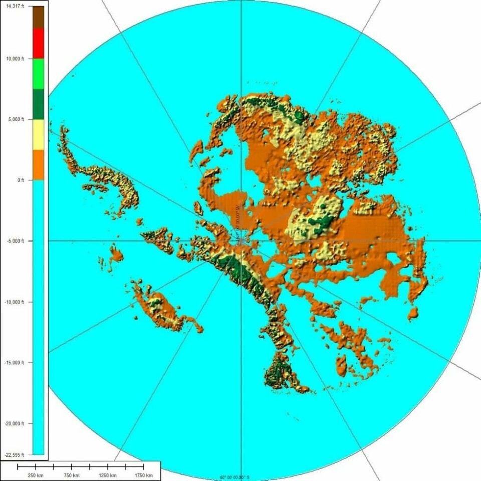 Slik ser Antarktis ut under isen. (Illustrasjon: Av Cristellaria – Eget verk, CC BY 3.0 https://commons.wikimedia.org/w/index.php?curid=4646713 ) Slik ser Antarktis ut under isen. (Illustrasjon: Av Cristellaria – Eget verk, CC BY 3.0 https://commons.wikimedia.org/w/index.php?curid=4646713 )
