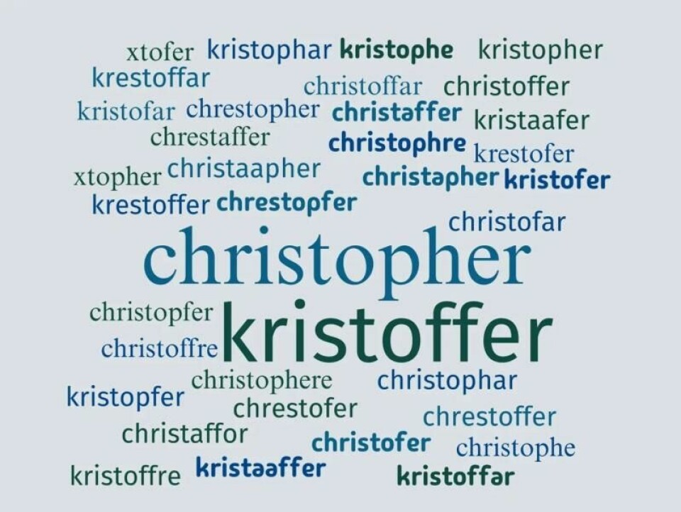 Kristoffer er et navn med mange varianter. Forskning.no fant 36 ulike skrivemåter på digitaltarkiv.no. Det kan være flere. Heldigvis har arkivene søketips for slike tilfeller. (Illustrasjon: forskning.no) Kristoffer er et navn med mange varianter. Forskning.no fant 36 ulike skrivemåter på digitaltarkiv.no. Det kan være flere. Heldigvis har arkivene søketips for slike tilfeller. (Illustrasjon: forskning.no)
