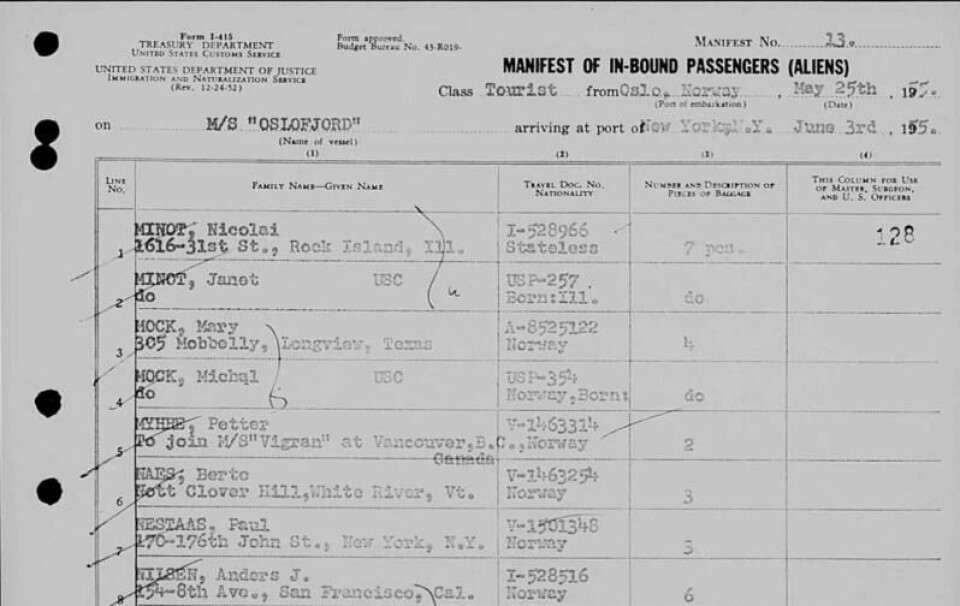 I mormonernes database ligger passasjerlistern fra M/S Oslofjord som ankom New York i 1955. Alle ombord er registrert i databasen som har som formål å gjenforene de døde i etterlivet. (Hentet fra familysearch.org) I mormonernes database ligger passasjerlistern fra M/S Oslofjord som ankom New York i 1955. Alle ombord er registrert i databasen som har som formål å gjenforene de døde i etterlivet. (Hentet fra familysearch.org)