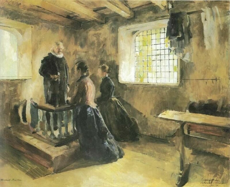 Gamle arkiver forteller om gamle skikker. Arkivet Introduserte kvinner starter på 1600-tallet. Ifølge Det gamle testamentet var kvinner som hadde født, urene. Etter rundt seks uker ble de møtt av presten utenfor kirken og ført tilbake til menigheten. – Dette arkivet er ikke alltid til stor hjelp, for ofte står det bare Ole Olsens kvinne, sier Ivan Kristensen. (Maleri av Harriet Backer / public domain) Gamle arkiver forteller om gamle skikker. Arkivet Introduserte kvinner starter på 1600-tallet. Ifølge Det gamle testamentet var kvinner som hadde født, urene. Etter rundt seks uker ble de møtt av presten utenfor kirken og ført tilbake til menigheten. – Dette arkivet er ikke alltid til stor hjelp, for ofte står det bare Ole Olsens kvinne, sier Ivan Kristensen. (Maleri av Harriet Backer / public domain)