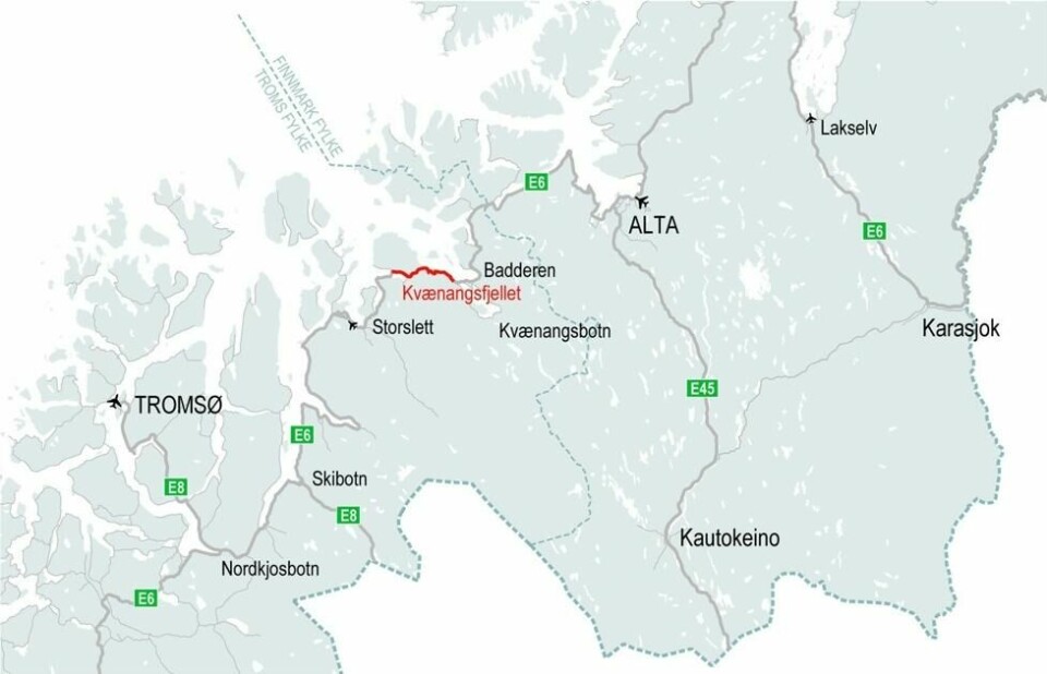 Det er her, i Nord-Troms, den værharde fjellovergangen Kvænangsfjellet ligger. Det er her, i Nord-Troms, den værharde fjellovergangen Kvænangsfjellet ligger. Foto: Nye Veier