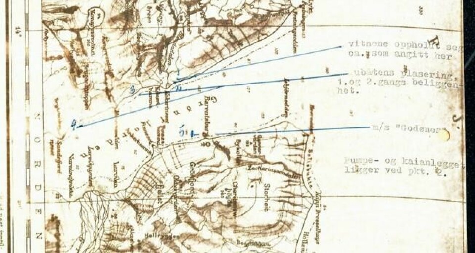 Observasjonene i Grønfjorden og Barentsburg, notert på et kart fra etterforskningen høsten 1974. Observasjonene i Grønfjorden og Barentsburg, notert på et kart fra etterforskningen høsten 1974. Foto: UDs arkiv, Riksarkivet