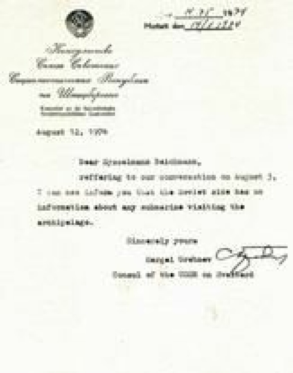 Konsul Grebnevs svar etter å ha konsultert Moskva. datert 12. august 1974. Konsul Grebnevs svar etter å ha konsultert Moskva. datert 12. august 1974. Foto: UDs arkiv, Riksarkivet