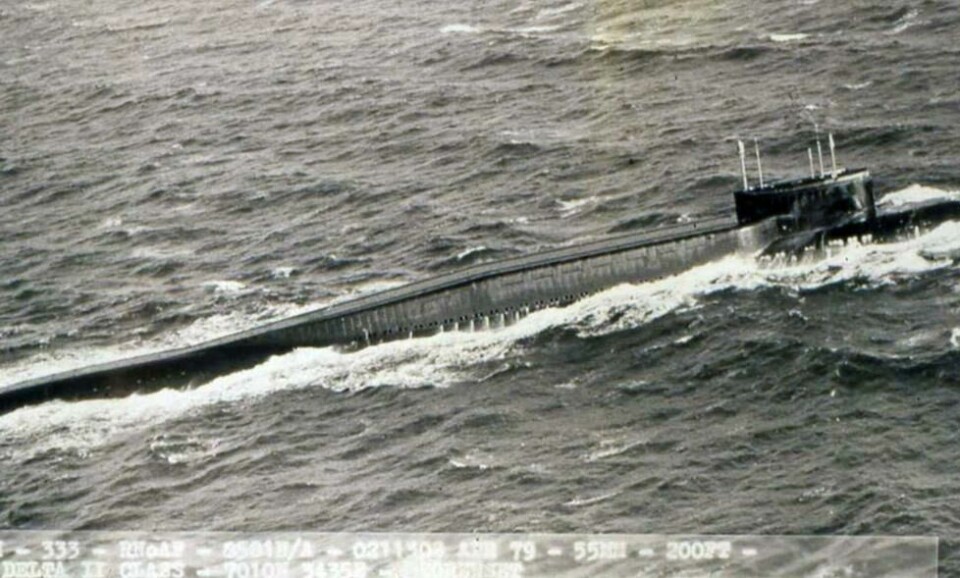 En sovjetisk atomubåt av Delta II-klasse, fotografert av den norske 333-skvadronen. En sovjetisk atomubåt av Delta II-klasse, fotografert av den norske 333-skvadronen. Foto: 333 skvadron/ Andøya flystasjon / Norsk luftfartsmuseum