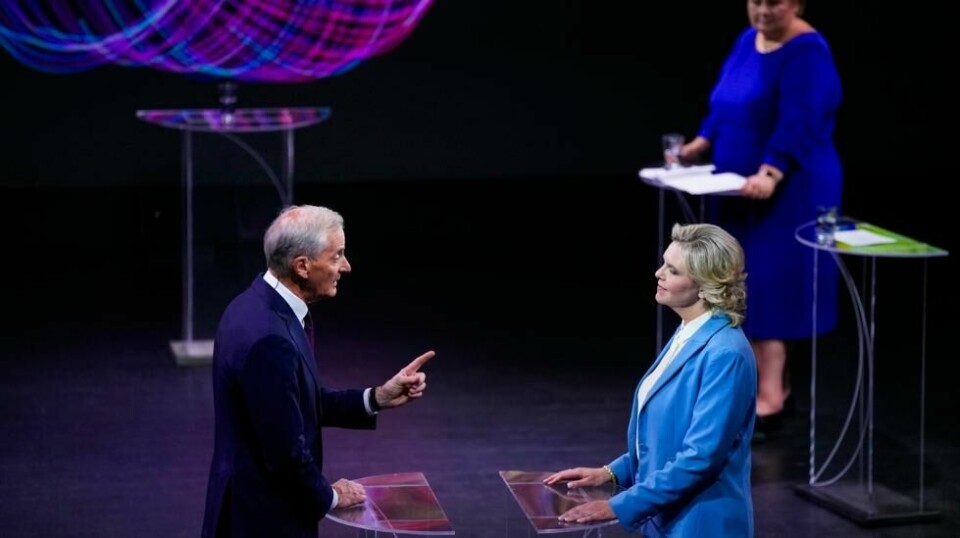 Frp ligger bare 3,6 prosentpoeng bak Arbeiderpartiet på denne målingen. Her er Ap-leder Jonas Gahr Støre i debatt med Frp-leder Sylvi Listhaug under Arendalsuka. Foto: Heiko Junge / NTB