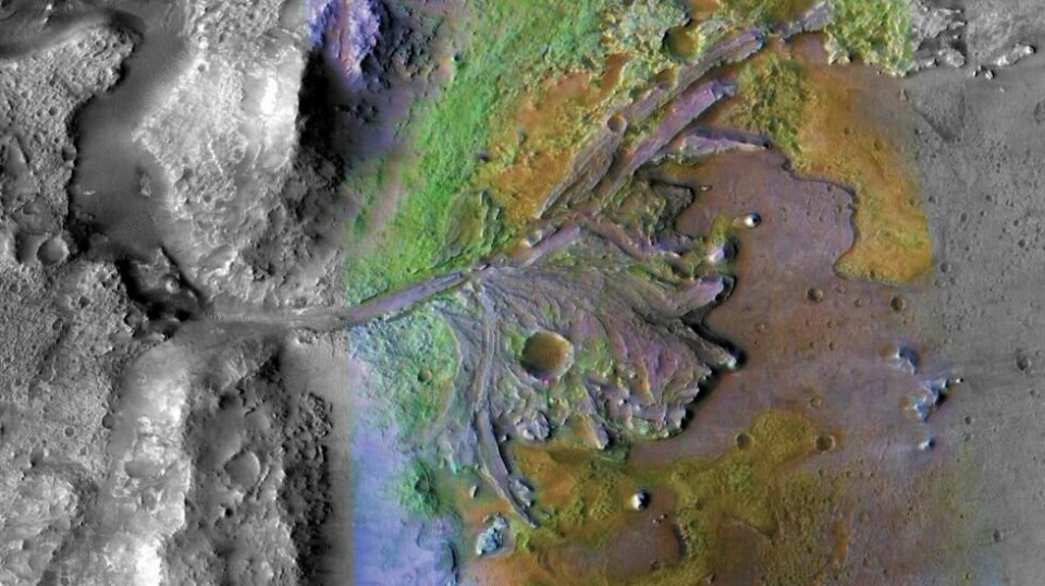 Roveren Perseverance utforsker dette området på Mars som er antatt å være et gammelt elvedelta. (Bilde: Nasa/JPL-Caltech/MSSS/JHU-APL)