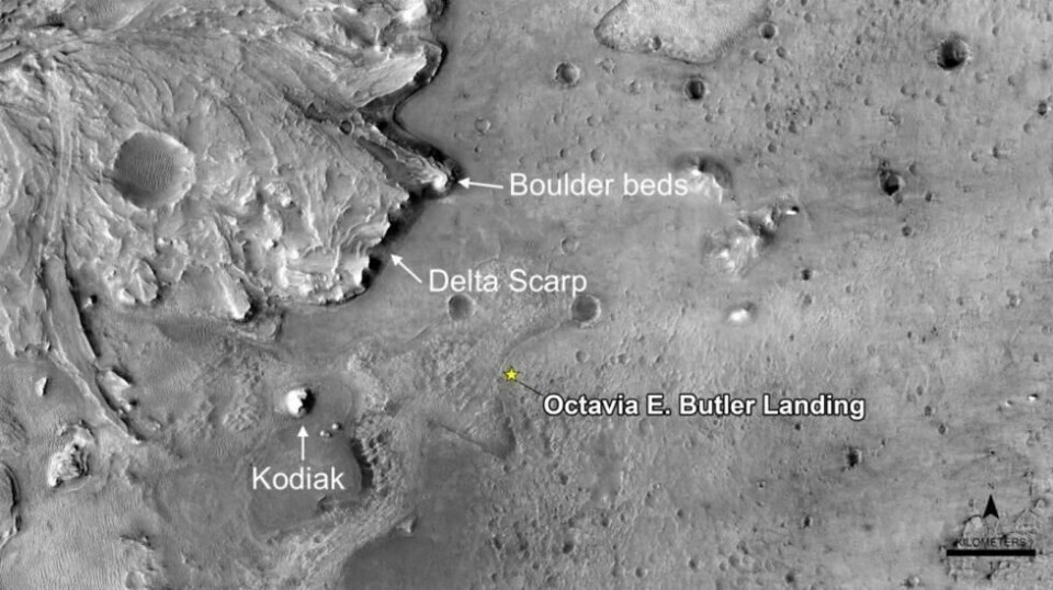 Forskere tror deltaet var større i utstrekning og strakk seg blant annet til Kodiak, som er vist her. Forskere tror deltaet var større i utstrekning og strakk seg blant annet til Kodiak, som er vist her. Foto: Nasa/JPL-Caltech/University of Arizona