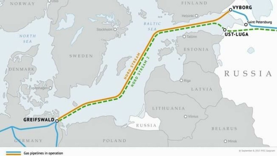 I GRENSELAND: Slik skal gassrørledningen Nord Stream 2 gå fra Ust-Luga i Russland til Greifswald i Tyskland. EU skulle gjerne stoppet den, men har ikke juridisk grunnlag for det, idet Gassdirektivet gjelder bare fra gassen krysser grensa til EU, ikke på vei dit. I GRENSELAND: Slik skal gassrørledningen Nord Stream 2 gå fra Ust-Luga i Russland til Greifswald i Tyskland. EU skulle gjerne stoppet den, men har ikke juridisk grunnlag for det, idet Gassdirektivet gjelder bare fra gassen krysser grensa til EU, ikke på vei dit. Foto: Gazprom
