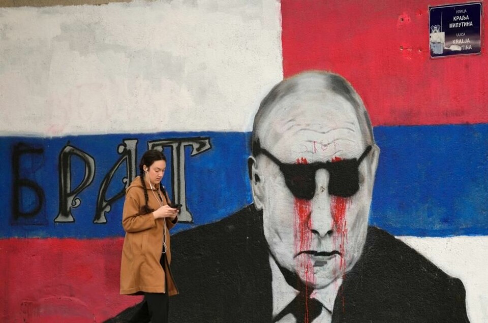Et veggmaleri av Russlands president Vladimir Putin i Beograd, som så har blitt vandalisert. Mange serbere har et positivt syn på den russiske presidenten, selv om landet offisielt fordømmer krigen. Et veggmaleri av Russlands president Vladimir Putin i Beograd, som så har blitt vandalisert. Mange serbere har et positivt syn på den russiske presidenten, selv om landet offisielt fordømmer krigen. Foto: Darko Vojinovic / AP