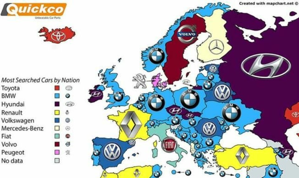 Hvilke bilmerker vi søker mest på varierer MYE rundt om i verden. I Norge er BMW favoritten. Hvilke bilmerker vi søker mest på varierer MYE rundt om i verden. I Norge er BMW favoritten. Foto: Illustrasjon fra Quickco.