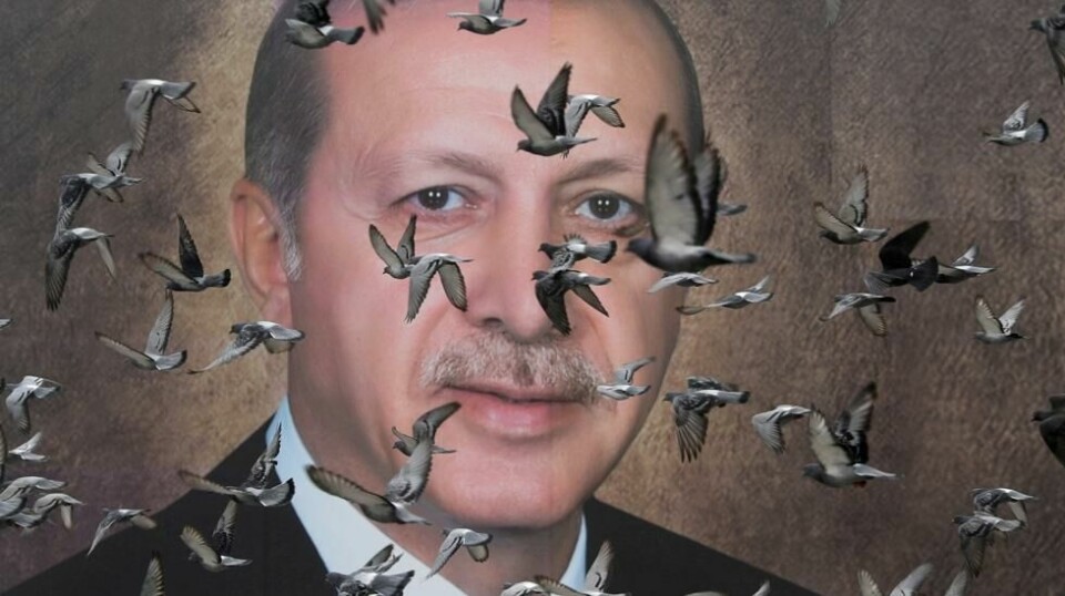 Duer flyr forbi en plakat av president Tayyip Erdogan i byen Bursa 6. april. Illustrasjonsfoto: NTB Scanpix/REUTERS.