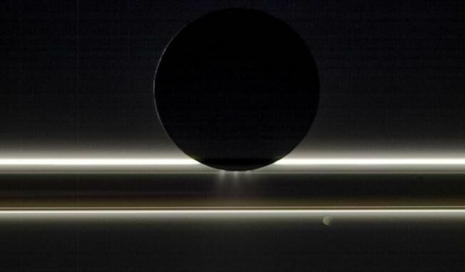 Saturns måne Enceladus driver foran ringene til gassgiganten. Foto: NASA/JPL-Caltech/Space Science Institute Saturns måne Enceladus driver foran ringene til gassgiganten. Foto: NASA/JPL-Caltech/Space Science Institute