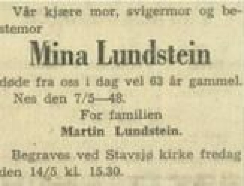 Mina Lundstein døde i 1948, 63 år gammel. Mina Lundstein døde i 1948, 63 år gammel.