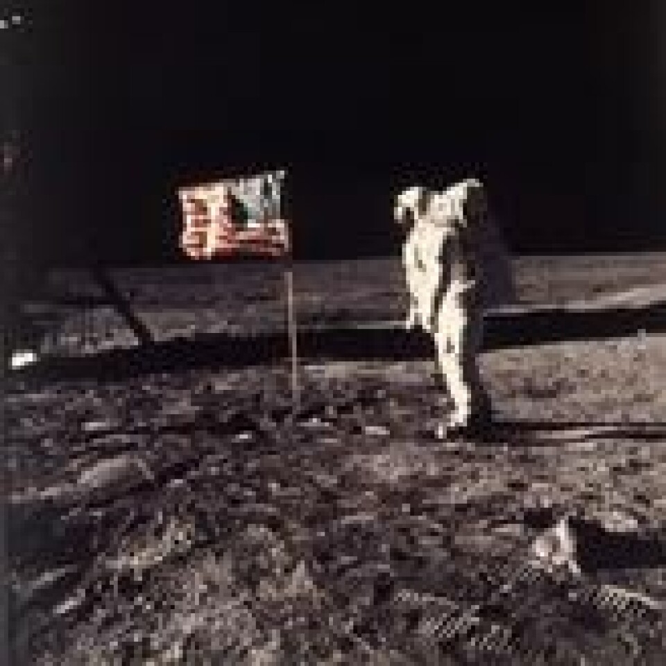 Hele verden fulgte med da mennesket landet på månen for første gang, 20. juli 1969. Her er Buzz Aldrin fotografert ved siden av det amerikanske flagget. Ifølge 6 prosent av amerikanerne er bildet tatt i ørkenen i Nevada, og ikke på månen. Foto: AP / NTB scanpix. Hele verden fulgte med da mennesket landet på månen for første gang, 20. juli 1969. Her er Buzz Aldrin fotografert ved siden av det amerikanske flagget. Ifølge 6 prosent av amerikanerne er bildet tatt i ørkenen i Nevada, og ikke på månen. Foto: AP / NTB scanpix.