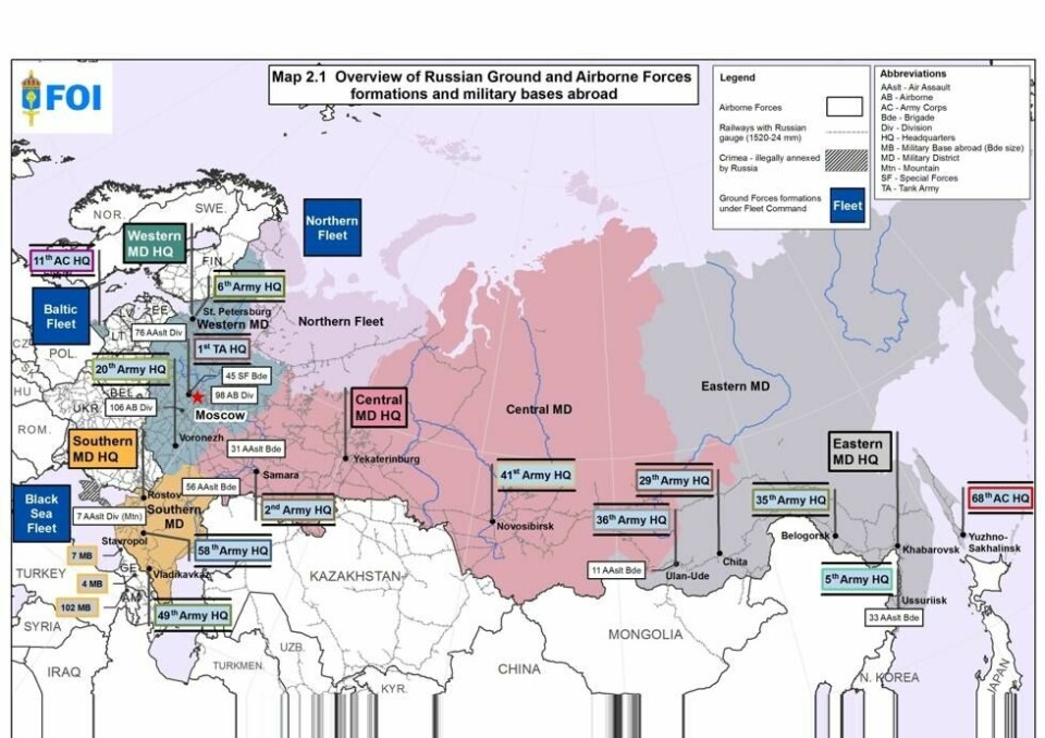 Oversikt over russiske styrkeformasjoner og militære baser, 2016. Oversikt over russiske styrkeformasjoner og militære baser, 2016. Foto: Totalförsvarets forskningsinstitut