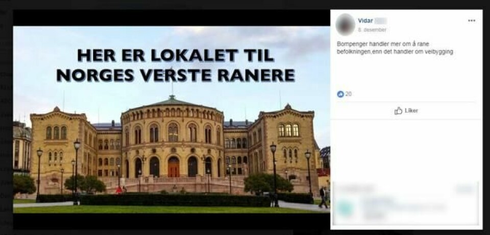 Medlem i Facebook-gruppa «Bomfritt Norge!» viser hva han synes om norske Stortings-politikere. Medlem i Facebook-gruppa «Bomfritt Norge!» viser hva han synes om norske Stortings-politikere. Foto: Skjermdump Facebook