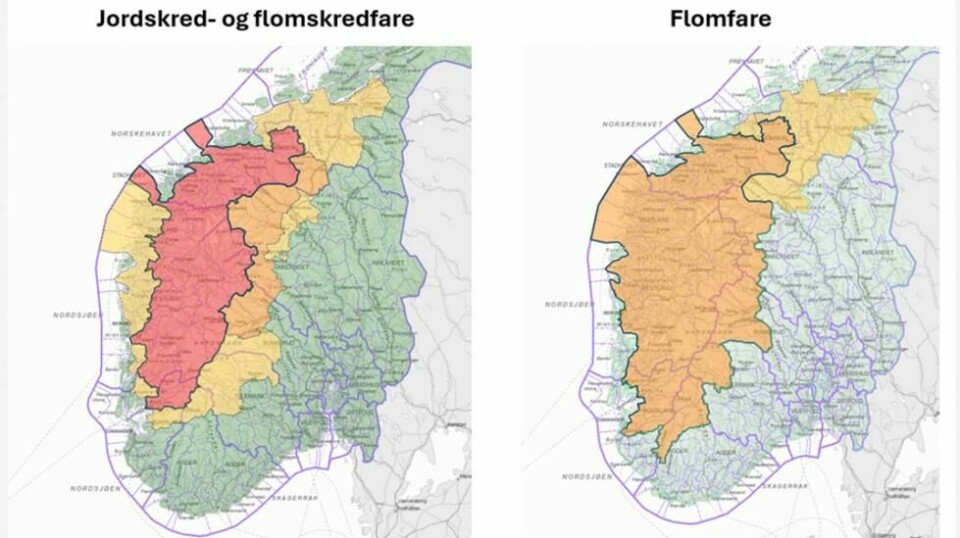 NVE har oppgradert farevarselet for jord- og flomskred torsdag. Dette gjelder for deler av Møre og Romsdal, Vestland og Rogaland. Flomfaren forblir på oransje nivå, men varslingsområdet økes. Foto: Skjermdump fra Varsom.no / NTB