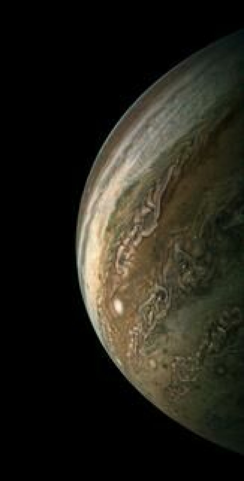 Bilde av Jupiters sørlige halvkule tatt i det Juno gjennomførte en nær forbiflygning. Foto: Nasa. Bilde av Jupiters sørlige halvkule tatt i det Juno gjennomførte en nær forbiflygning. Foto: Nasa.