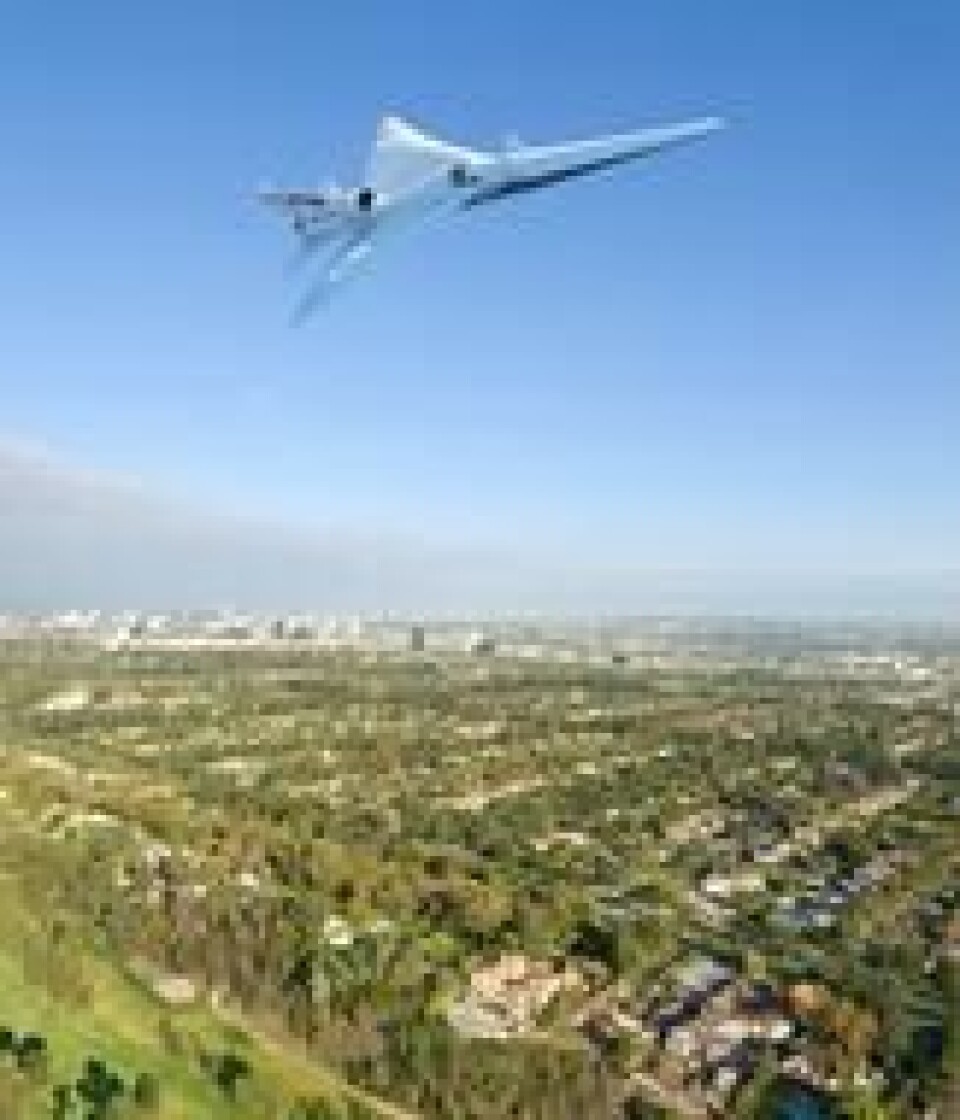 En kunstner har sett for seg hvordan Nasas nye prototype, X-flyet eller «Low-Boom Flight Demonstrator» kan komme til å se ut. Illustrasjon: Nasa. En kunstner har sett for seg hvordan Nasas nye prototype, X-flyet eller «Low-Boom Flight Demonstrator» kan komme til å se ut. Illustrasjon: Nasa.