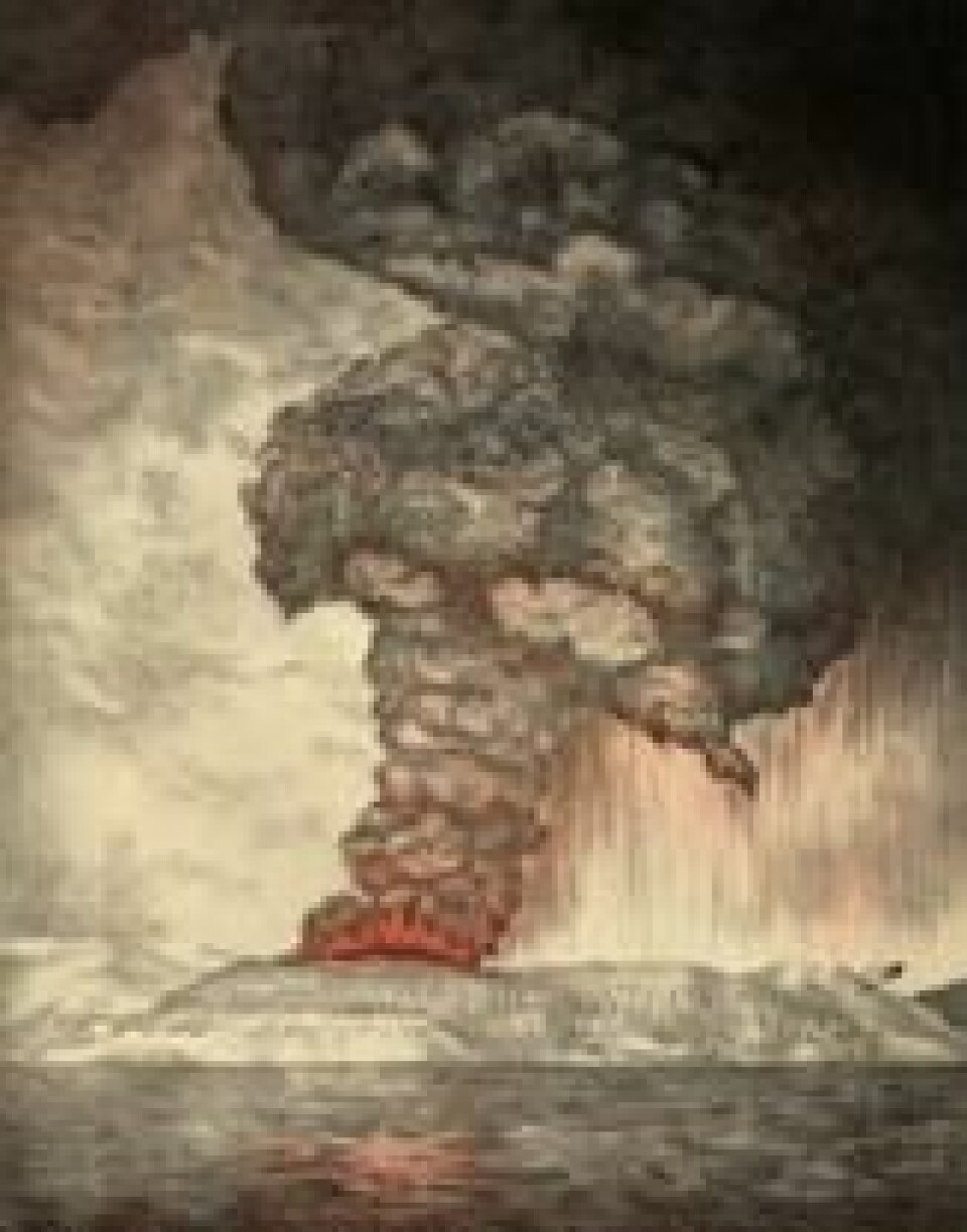 Vulkanutbruddet på Krakatoa i Indonesia 27. mai 1883. Seismisk aktivitet etter utbruddet varte til februar året etter. Litografi fra Royal Societys rapport om utbruddet, 1888. Wikimedia. Vulkanutbruddet på Krakatoa i Indonesia 27. mai 1883. Seismisk aktivitet etter utbruddet varte til februar året etter. Litografi fra Royal Societys rapport om utbruddet, 1888. Wikimedia.