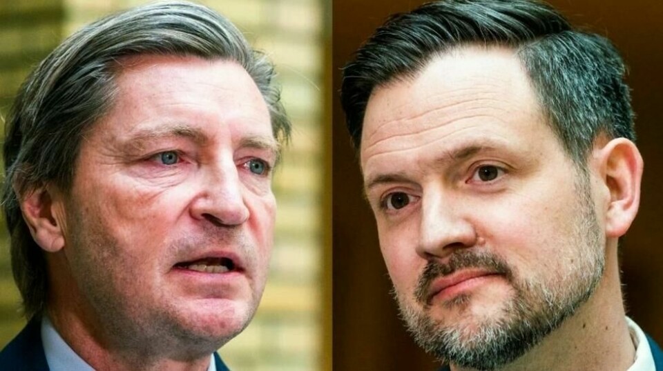 Stortingsrepresentantene Christian Tybring-Gjedde fra Frp (t.v.) og Dag-Inge Ulstein fra KrF i Stortingets vandrehall.